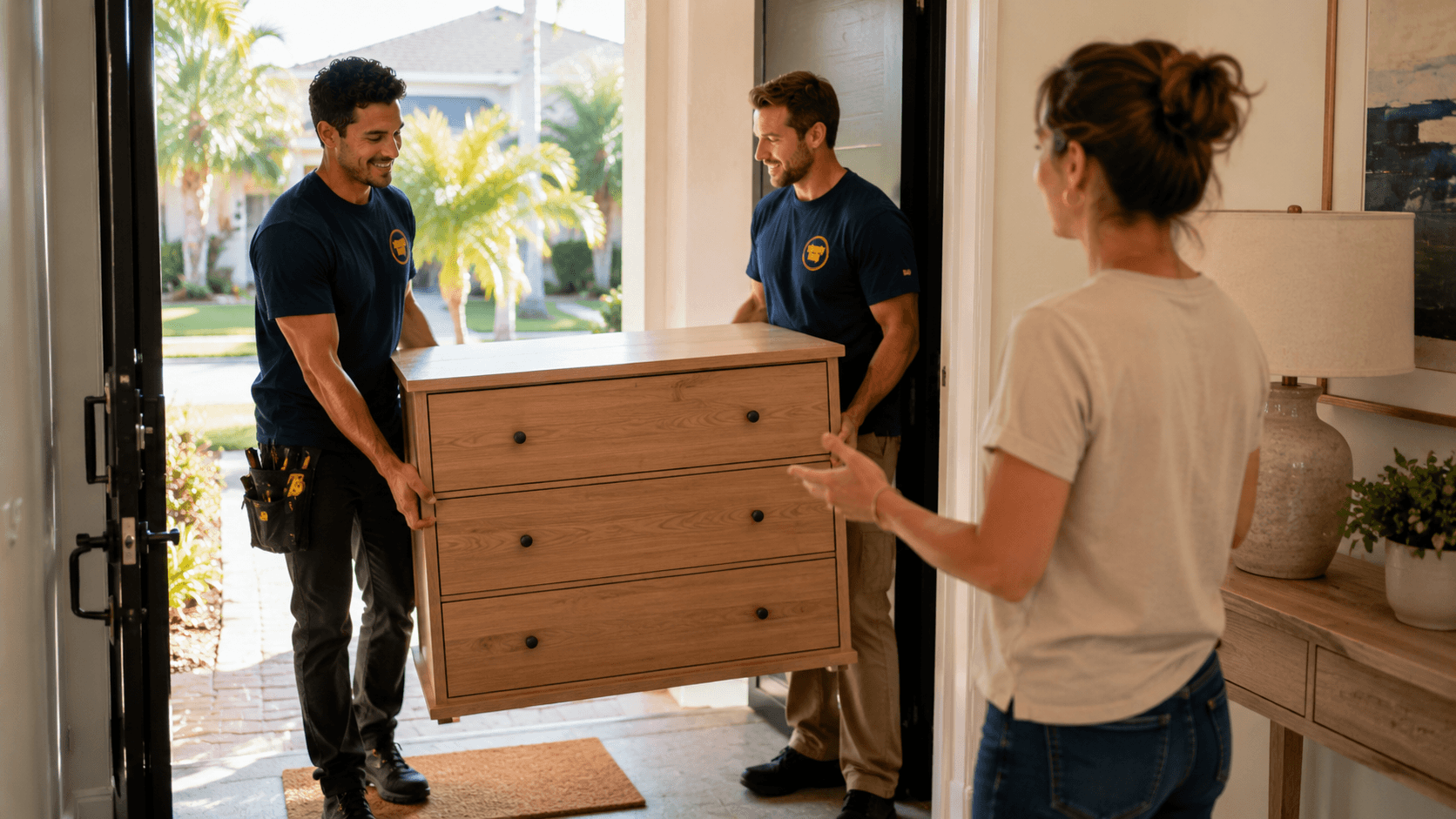 Simply Help movers carrying furniture into a home
