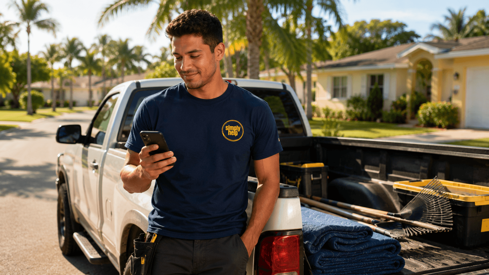 Simply Help helper ready with tools by a truck